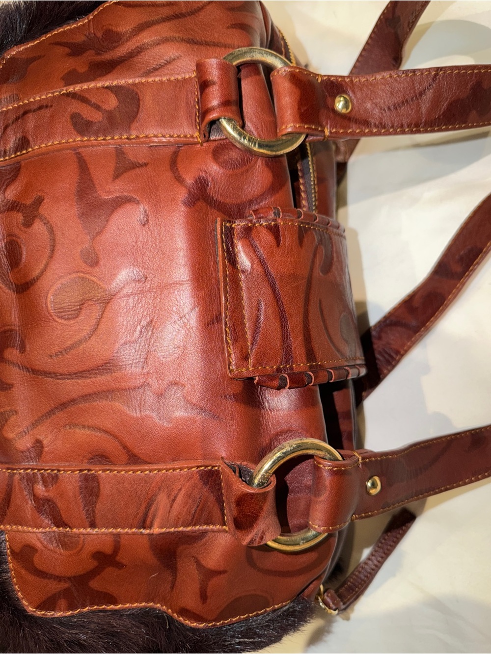 Just Cavalli Vintage brownLeather and Fur Accent Shoulder Bag with Gold Hardware - Picture 8 of 16